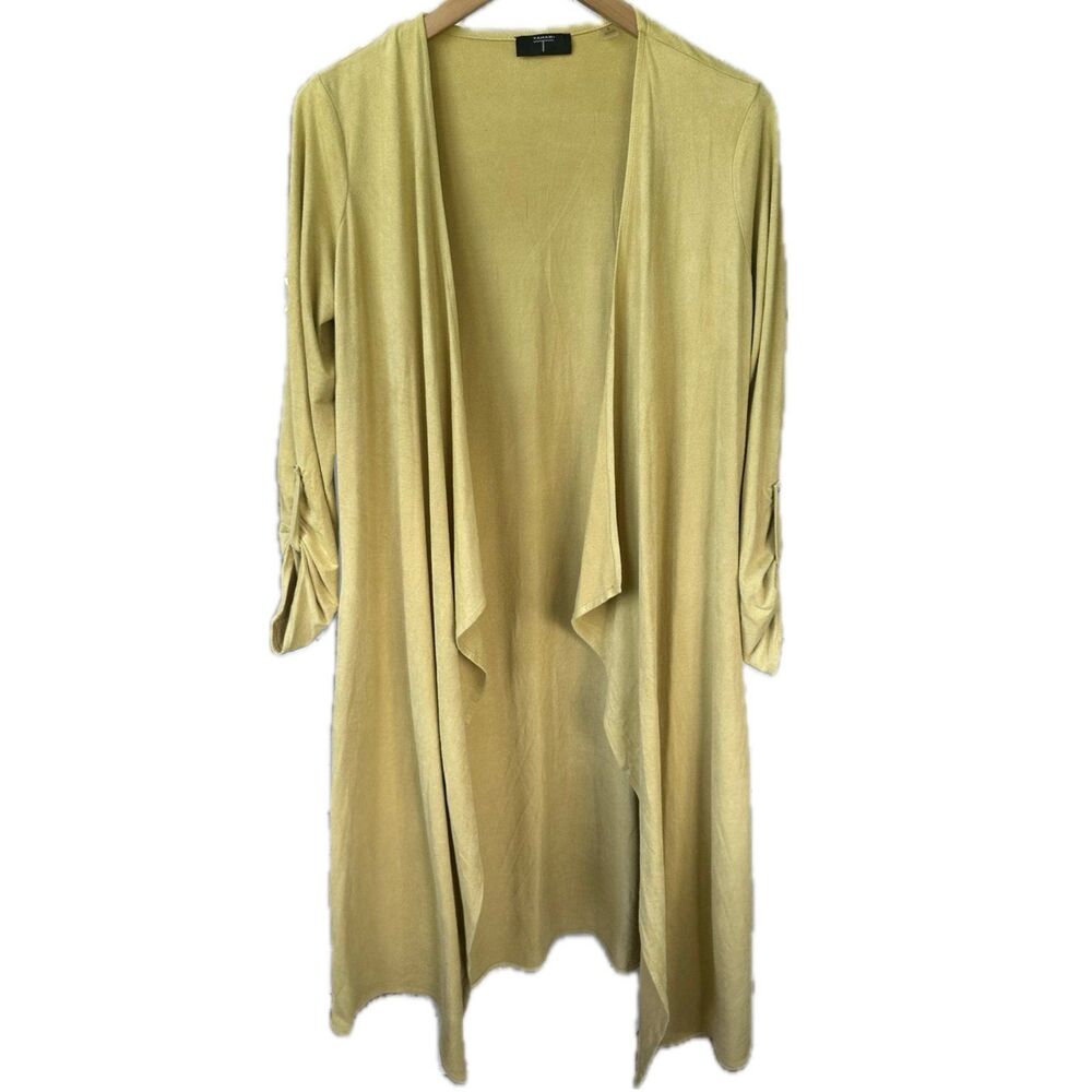 Tahari Women's Mustard Faux Suede Open Waterfall Duster Kimono Cardigan S